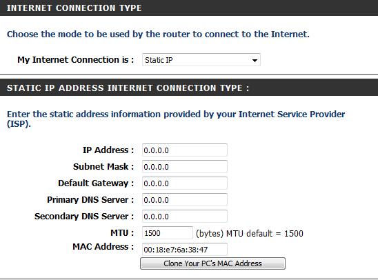 Static (assigned by ISP) Select Static IP Address if all the Internet port s IP information is provided to you by your ISP.