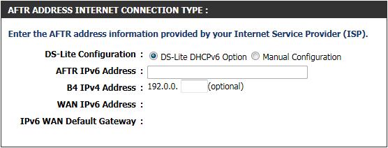 IPv6 address automatically. Select the Manual Configuration to enter the AFTR IPv6 address in manually.