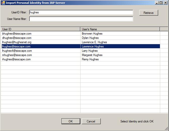 Personal Identities - Import Identity from IRP This allows you to see a list of available Identities registered on your local IRP server.