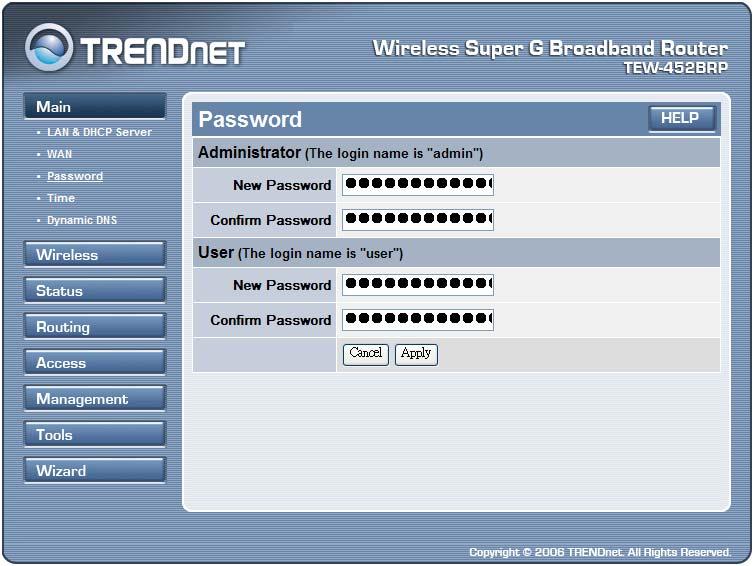 Password This screen enables users to set administrative and user passwords. These passwords are used to gain access to the WLAN Router interface.