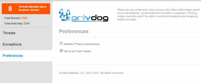 Realtime 3rd party cookie blocking - When this option is enabled, PrivDog will check in realtime for 3rd party cookies that are being installed and block them.
