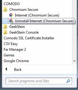 Click Start > All Programs > Comodo > Chromium Secure > Change or Uninstall.