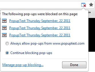 You can also view the list of pop-ups that were blocked by clicking the icon in the address bar. In the list that is displayed, you can view the pop-up window by clicking on it.