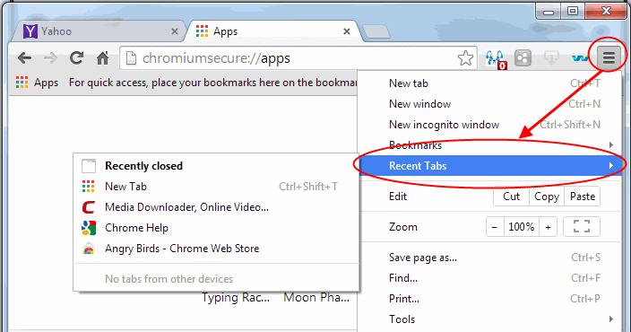 To enable the Bookmarks bar, click the Chromium Secure browser menu > Bookmarks>checkbox 'Show bookmarks bar' The Recently closed section contains the
