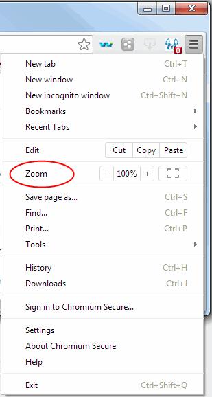 To change the zoom level, Click the Comodo Chromium Secure menu and locate the zoom controls: Use the - & + buttons to change zoom levels. The default is 100%.