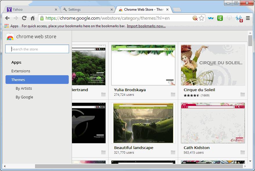 OR Tools -> Extensions -> 'Get more extension' link. The Chrome Web Store tab will open. You can select themes by Artists or by Google.