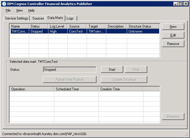 Installing the Financial Analytic Publisher (FAP) for Controller 10.2 18 After saving there will be a Data Mart row like this: Click the Start button to begin the publish process.