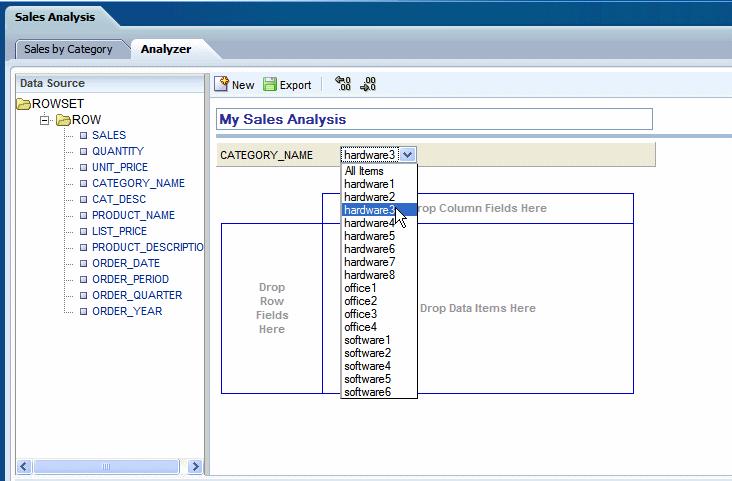 3. To view product sales by year, drag PRODUCT_NAME into the Row Field area, and drop ORDER_YEAR into the Column Field