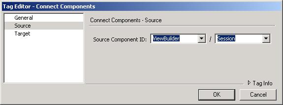 b. From the HAB Components > Foundation Tags > Object Manipulation Tags, drag the Connect Components to the View Builder component. c. Select Source from the left window.
