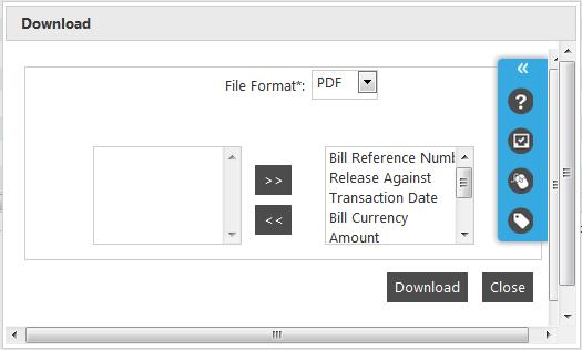 View Export Bills Column Column Name Bill Reference Number Release Against Transaction Date Bill Currency Amount Status Drawee Drawer This column displays the bill number.