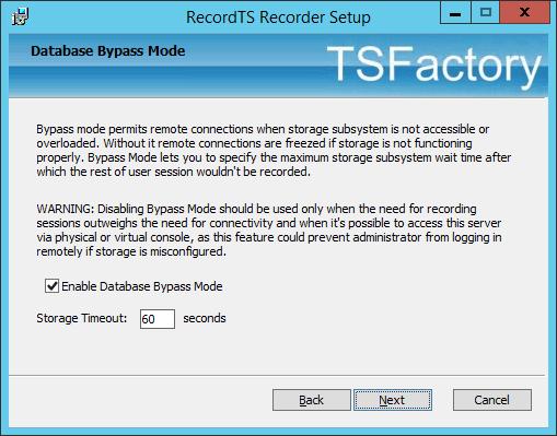 By default, users are not allowed to connect remotely if the RecordTS recorder loses connection to the database server. This ensures that all sessions are recorded.