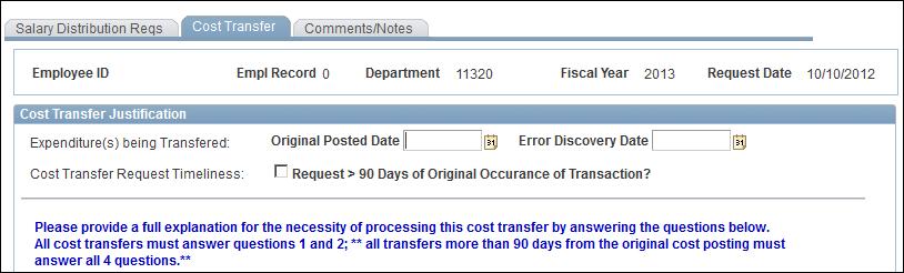 18. Click on the Cost Transfer tab and complete the fields with the appropriate information.