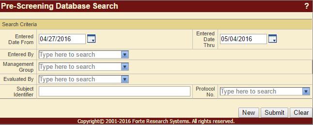 P a g e 31 1. Navigate to Subjects > Pre-Screening. 2. Enter a date range for your search, using the Entered Date From and Entered Date Thru fields. 3. Use the additional fields to narrow your search: o Entered By The name of the person who entered the original prescreening record.