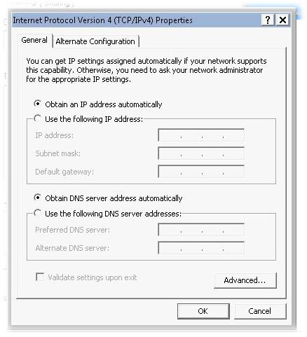 5. Select Obtain an IP address automatically and Obtain