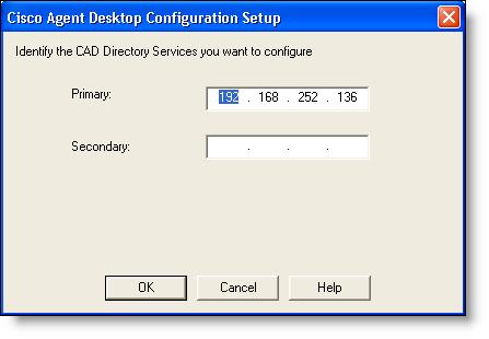 Cisco CAD Installation Guide Configuration Setup starts and displays the CAD Directory Services dialog box. Figure 5. Cisco Agent Desktop Directory Services dialog box. 2.