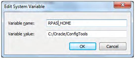 Creating the Required Environment Variables 2. Create the RPAS_HOME environment variable. a. Under the System variables box, click New. The New System Variable dialog box opens. b. Enter RPAS_HOME in the Variable name field.