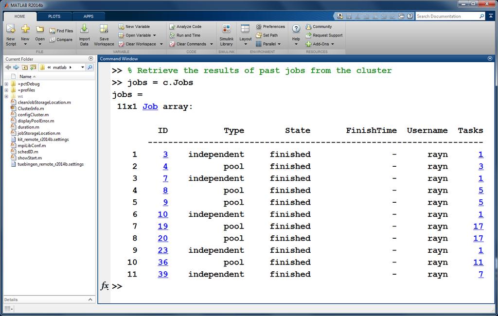 To retrieve a list of currently running or completed jobs, call parcluster to retrieve the cluster object.