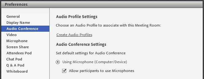 This opens the Preferences window, which gives you access to set desired options in these categories: General, Display Name, Audio Conference, Video, Microphone, Screen Share, Attendees Pod, Chat