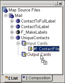 2 Expand Input Cards for the UniqueContacts map to display the ContactFile input card in the Navigator.