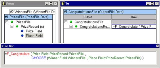 Raffle Map Using the CHOOSE Function Create the RaffleCongrats executable map to use two input cards. Sources for these cards are: The source of input card #1 PrizesFile is the prizes.