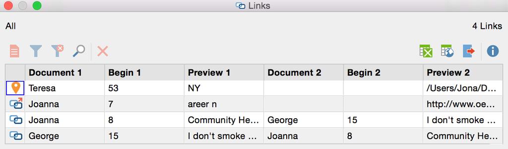 Links: Document Links, External Links, Web Links, and Geolinks 105 Geolinks can be easily viewed in the Overview of links table, available in the Document System at multiple levels (project, document