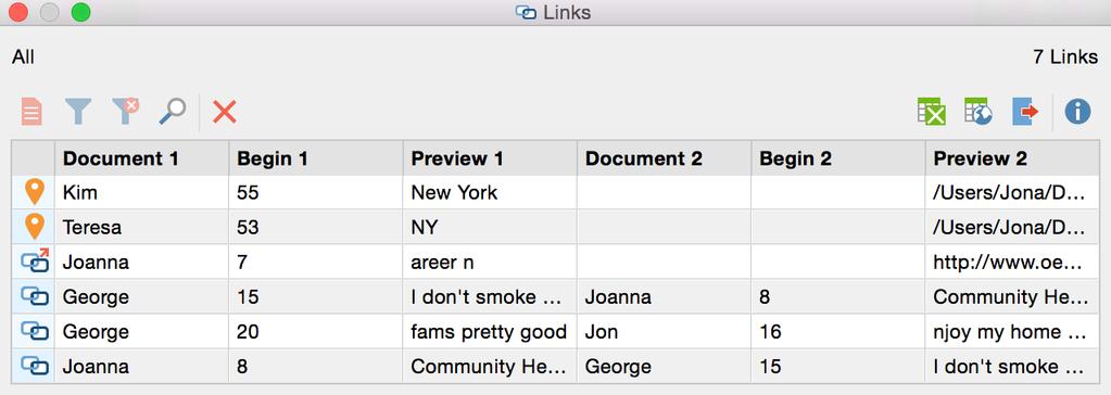Links: Document Links, External Links, Web Links, and Geolinks 107 makes it possible to view all links in an overview table.