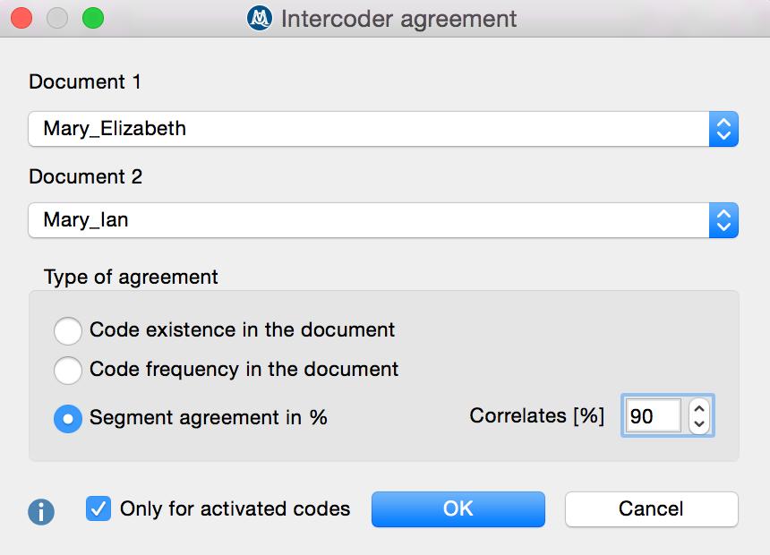 164 The Agreement Testing Concept in MAXQDA Testing intercoder agreement based on segment agreement in percent The screenshot above shows the Intercoder Agreement window, which shows that Interview