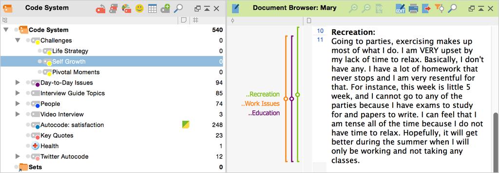 MAXQDA Screens and Menus 17 Optimal window setup when coding It is similarly helpful to close the Document Browser when you are doing retrievals (Coding Query), so you have access to the three