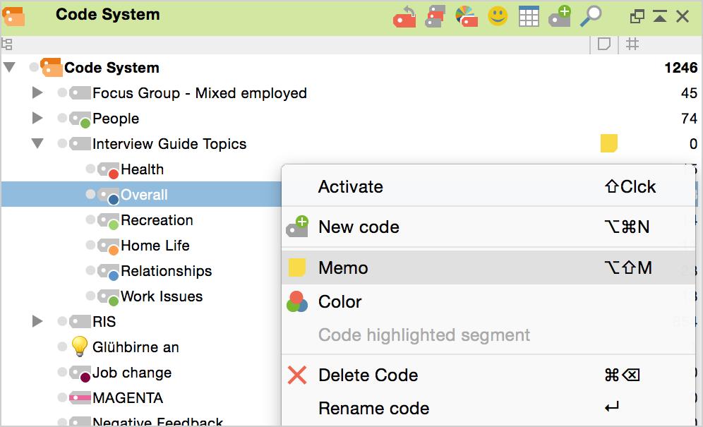 Memos: Managing Your Ideas 177 Right-click on a code and select Memo from the context menu.