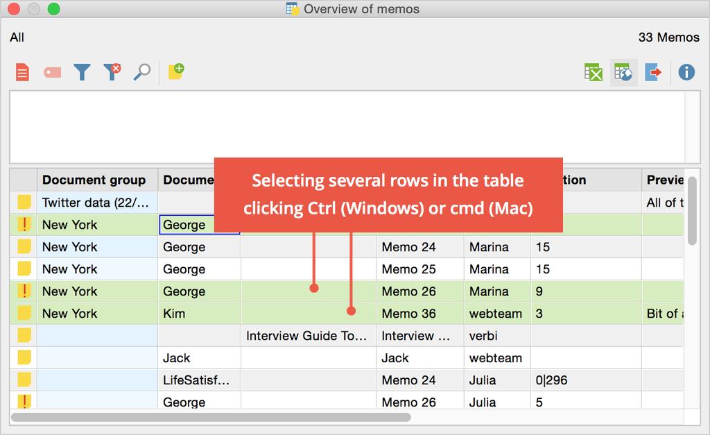 Memos: Managing Your Ideas 185 Selected memos are green in the memo table 12.10 Linking Codes to Memos Similar to document segments, memos can also be linked to a code.
