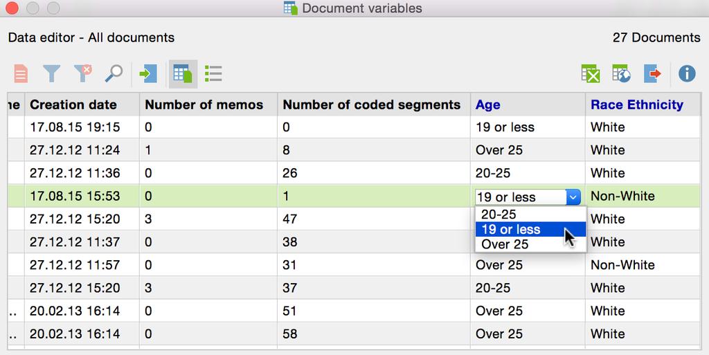 198 Exporting Document and Code Variables Options for the variable value in the quick list 13.