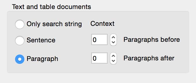 Searching for Text: The Lexical Search 213 will change and you can choose how many sentences or paragraphs before and after the search term you want to include: Setting the data range for export