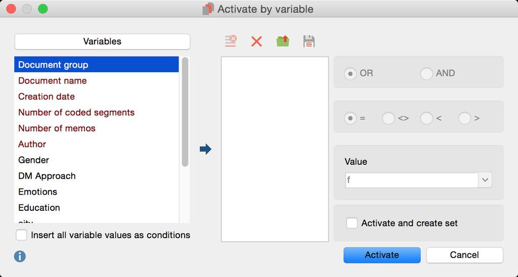 320 Activation by Document Variable: Variables as Selection Criteria for the Coding Query After clicking on the appropriate button, a dialog window will appear where you can enter the formulas for