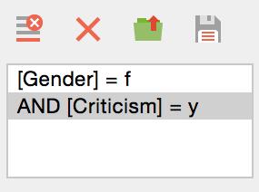 Mixed Methods Functions 323 [Gender] = <empty> Enter the value f in the dialog field, or select it from the list of values. MAXQDA automatically inserts the OR operator.