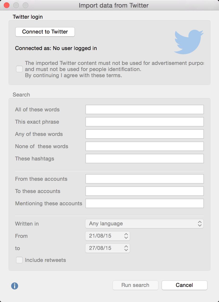 354 Importing Twitter Data Dialog window for importing data from