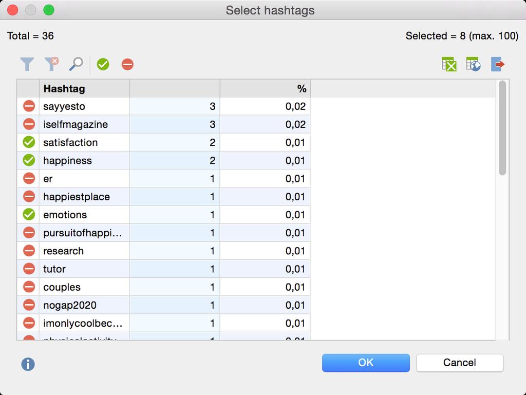 360 Autocoding and Analyzing Twitter Data Selecting hashtags for autocoding In the "Hashtag" column, the different hashtags are listed, and in the "Tweet" column you can see the number of tweets in