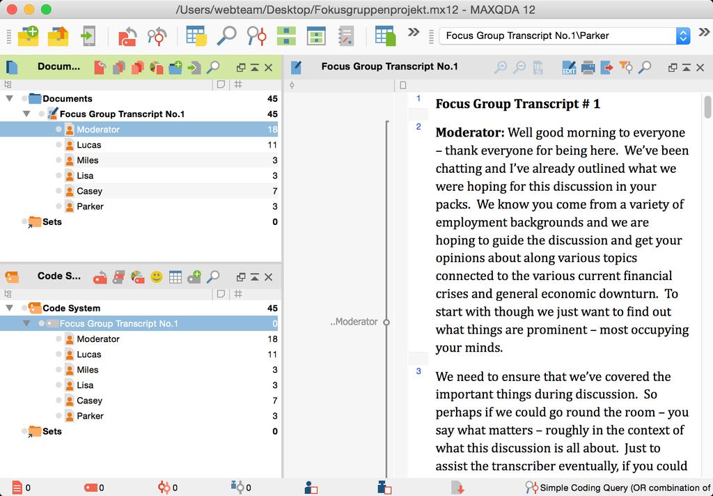 364 Importing Focus Group Transcripts MAXQDA view after importing a focus group transcript [must be able to view Document System, Code System and Document Browser with the above transcript] In the