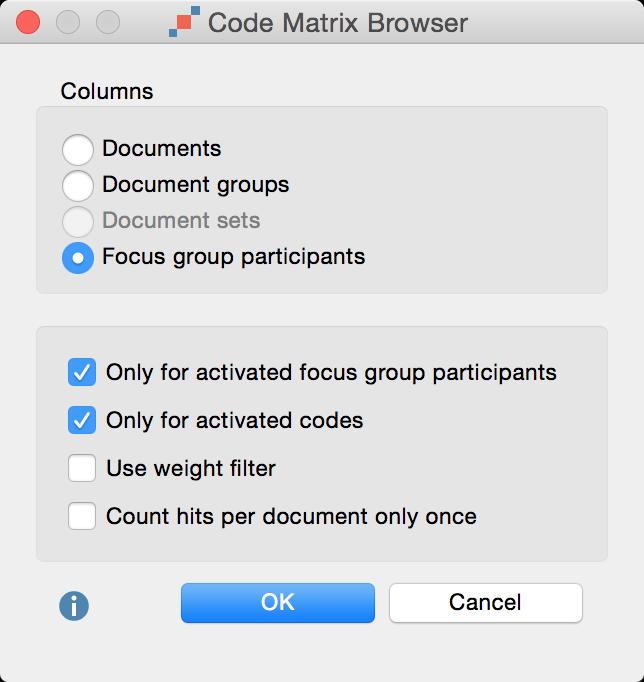 372 The Code Matrix Browser: View Coded Segments per Participant Code Matrix Browser options When you click OK, MAXQDA will open the Code Matrix Browser, whose columns are made up of the participants.