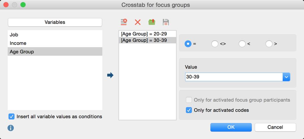 374 Crosstab for Focus Groups 23.7 Crosstab for Focus Groups MAXQDA offers the opportunity to save background information on each focus group participant in the form of variables.