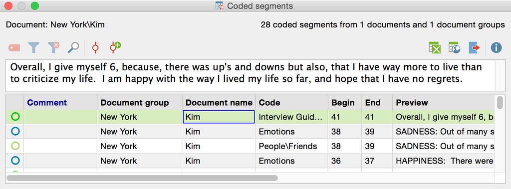 Teamwork: Using MAXQDA as a Team 399 List of coded segments in the Overview of Coded Segments You can then export this table and/or copy it to the clipboard and paste it into a word processing