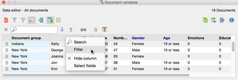 For example, in the Data Editor you can display only the rows with documents containing more than 20 codes or