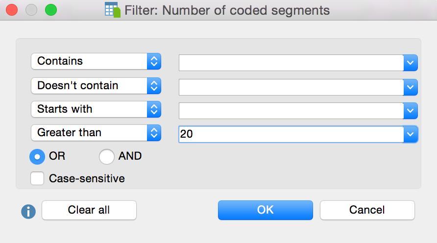 Use of Table Overviews in MAXQDA 49 Filter window In all four input fields, you can define criteria to filter.