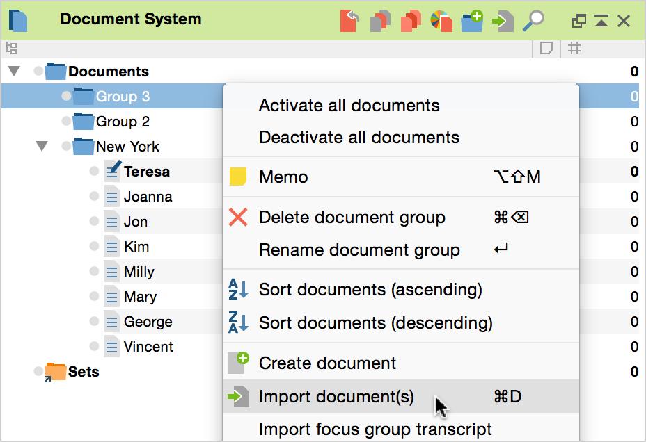 54 Importing Documents into MAXQDA or you can right-click on the document group that you want to hold the imported documents and select Import document(s) from the context menu that appears.