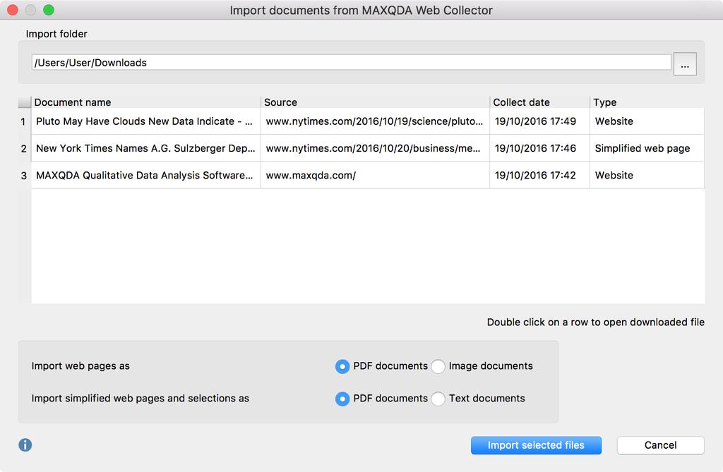 94 Import Websites into MAXQDA Dialog window for the import of documents that have been saved with the Web Collector 4.