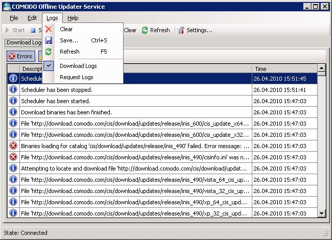Overview of Download Log and Request Log Windows 'Download Log' Window The Download Log window displays a list of status messages concerning the initiation, progress and success or failure of all