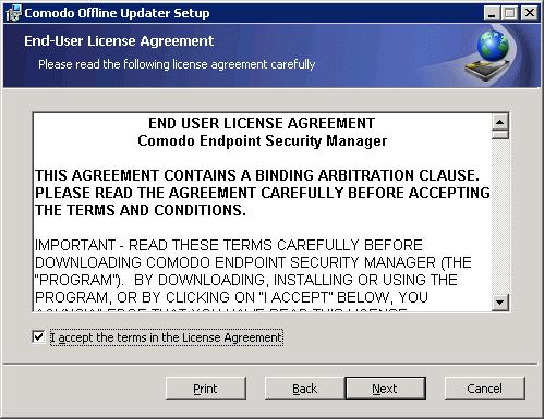 Click 'Next'. II. License Agreement The End User License Agreement will be displayed. To complete the installation phase you must read and accept the License Agreement.