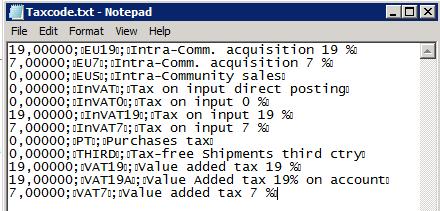 Export file result: Sales tax codes When you export the data for the data export definition group by following the Export GDPdU data procedure, the TaxCodes.txt file is created.