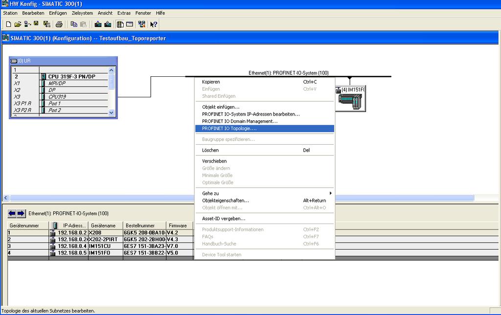 5 Operation of the Tool 5.2 Export of the topology raw data from STEP 7 Table 5-1 No. Action Comment 1 Open your project in the SIMATIC Manager and go to the hardware configuration.