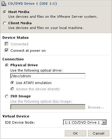 Virtual Infrastructure Web Access Administrator s Guide 3 Click Edit. The CD/DVD drive configuration page appears. The media source machine is selected at the top of the dialog box. Select an action:!