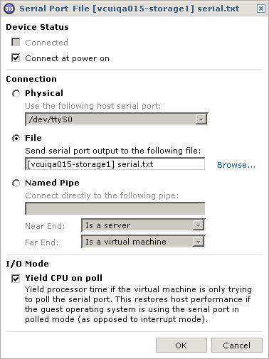 Virtual Infrastructure Web Access Administrator s Guide 3 Click Edit. The serial port page appears. 4 Under Device Status, the default setting is Connect at power on.